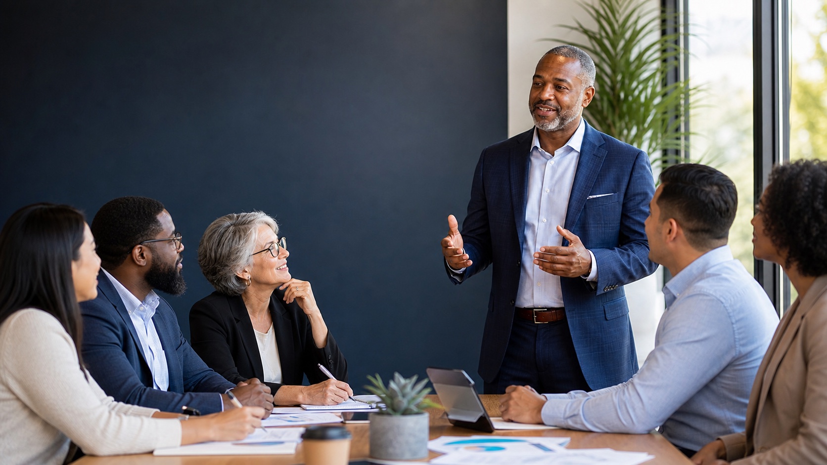 Black nonprofit leader guiding an engaged professional team